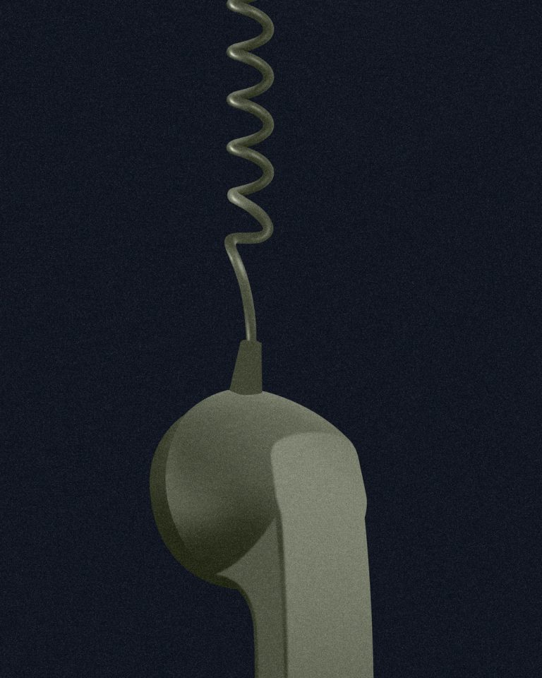 Illustration of a forest green corded phone hanging in front of black background.